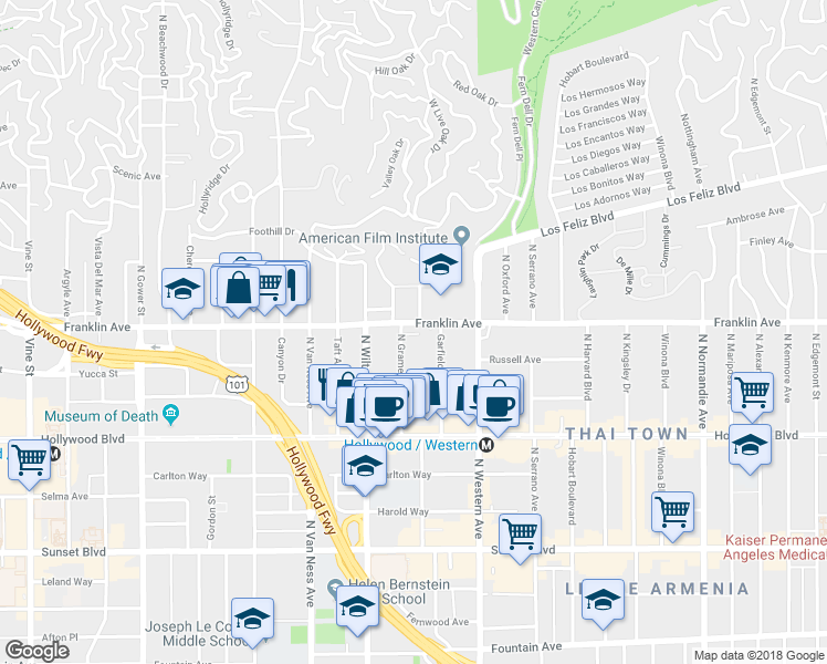 map of restaurants, bars, coffee shops, grocery stores, and more near 1900 North Gramercy Place in Los Angeles