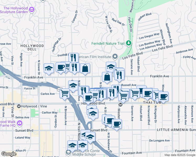 map of restaurants, bars, coffee shops, grocery stores, and more near 1900 North Gramercy Place in Los Angeles