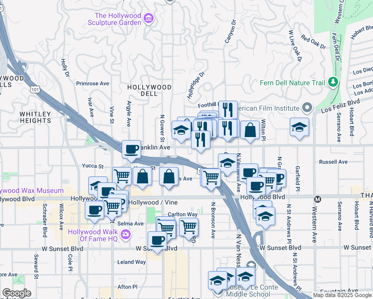 map of restaurants, bars, coffee shops, grocery stores, and more near 5973 Franklin Avenue in Los Angeles