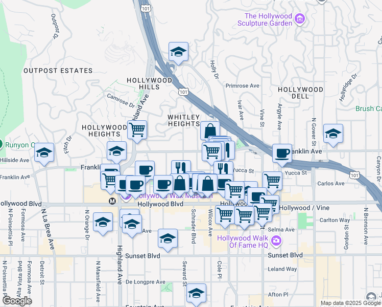 map of restaurants, bars, coffee shops, grocery stores, and more near 1900 Grace Avenue in Los Angeles
