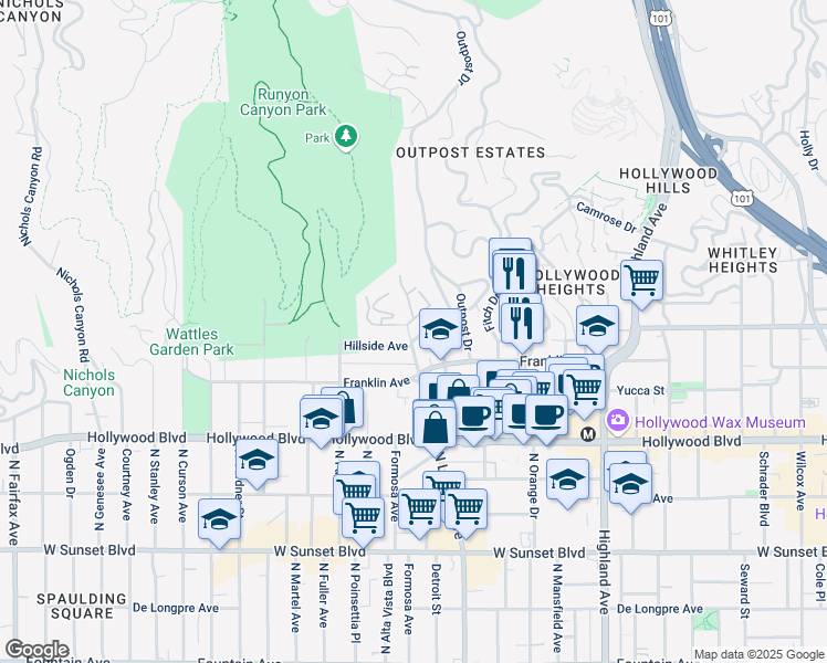 map of restaurants, bars, coffee shops, grocery stores, and more near 7075 Hillside Avenue in Los Angeles