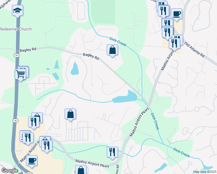 map of restaurants, bars, coffee shops, grocery stores, and more near 2850 Brandy Lane in Cumming
