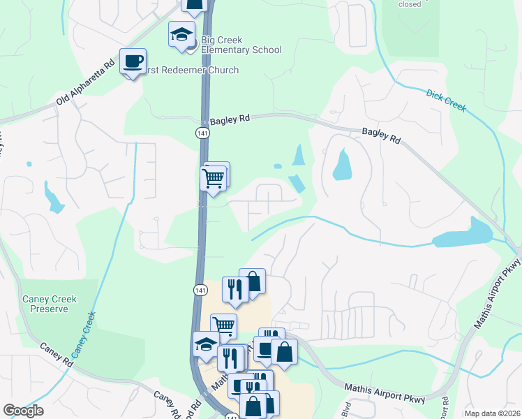 map of restaurants, bars, coffee shops, grocery stores, and more near 2605 Runnymede Court in Cumming