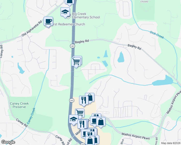 map of restaurants, bars, coffee shops, grocery stores, and more near 2385 Callaway Court in Cumming