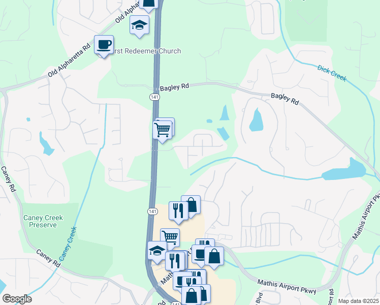 map of restaurants, bars, coffee shops, grocery stores, and more near 2505 Thackery Court in Cumming