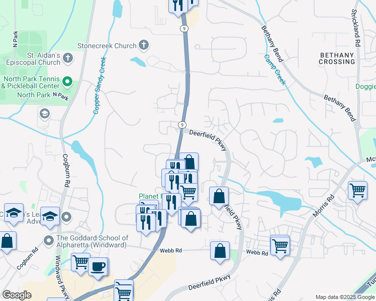 map of restaurants, bars, coffee shops, grocery stores, and more near 13249-13273 Alpharetta Highway in Milton