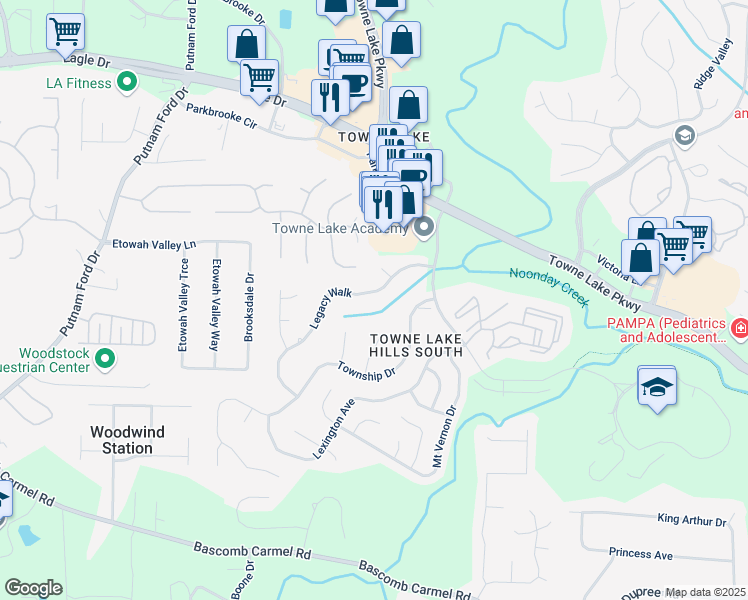 map of restaurants, bars, coffee shops, grocery stores, and more near 1019 Legacy Walk in Woodstock