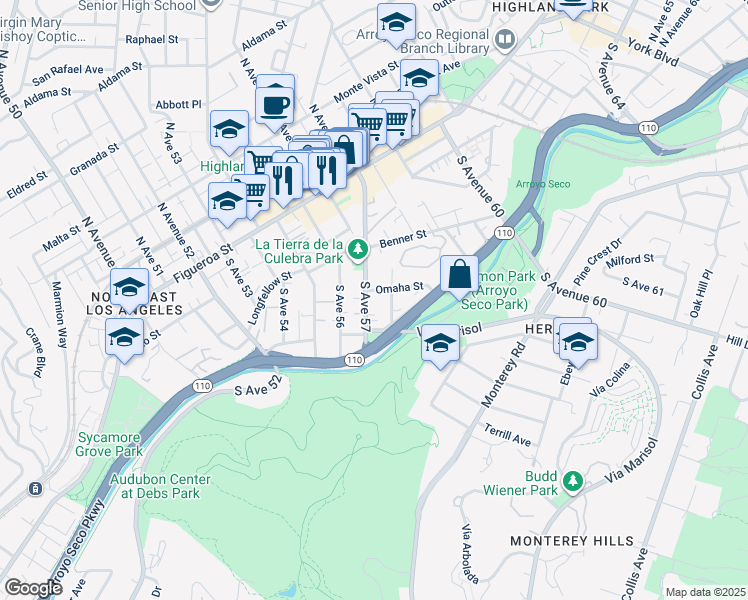 map of restaurants, bars, coffee shops, grocery stores, and more near 303 South Avenue 57 in Los Angeles