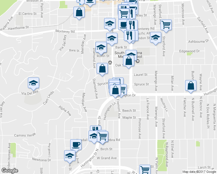 map of restaurants, bars, coffee shops, grocery stores, and more near 1810 Ramona Avenue in South Pasadena