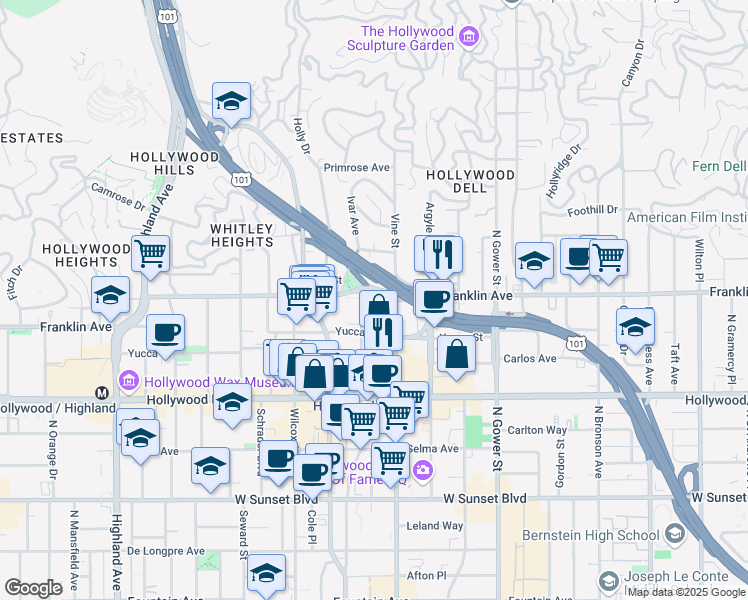 map of restaurants, bars, coffee shops, grocery stores, and more near 6326 Franklin Avenue in Los Angeles