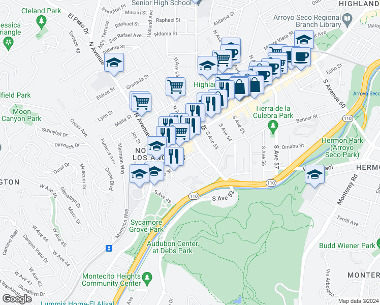 map of restaurants, bars, coffee shops, grocery stores, and more near 127 Boeing Lane in Los Angeles