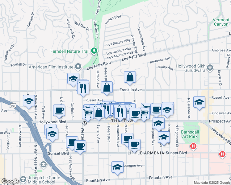 map of restaurants, bars, coffee shops, grocery stores, and more near 1850 North Harvard Boulevard in Los Angeles