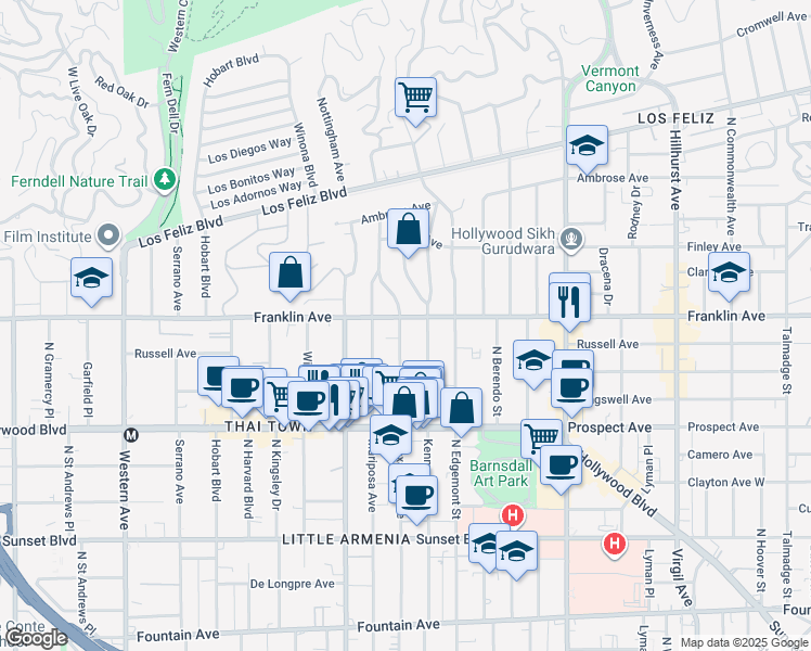 map of restaurants, bars, coffee shops, grocery stores, and more near 4953 Franklin Avenue in Los Angeles