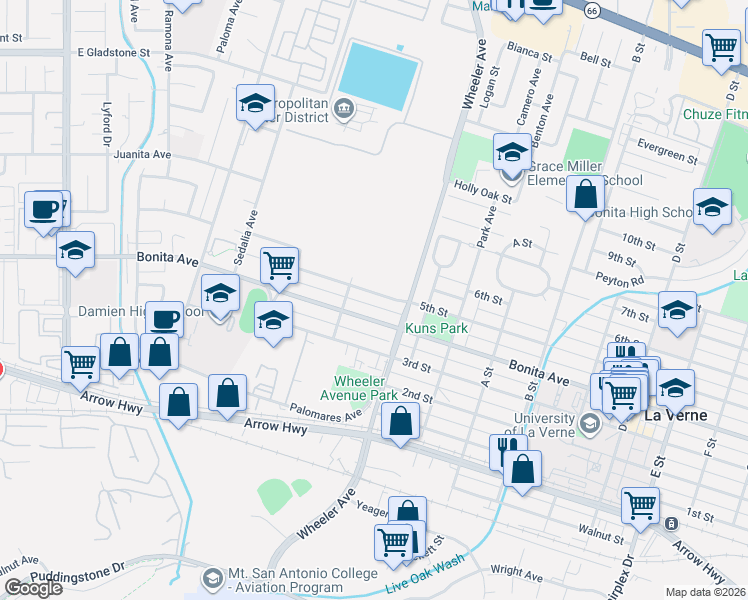 map of restaurants, bars, coffee shops, grocery stores, and more near 1428 5th Street in La Verne