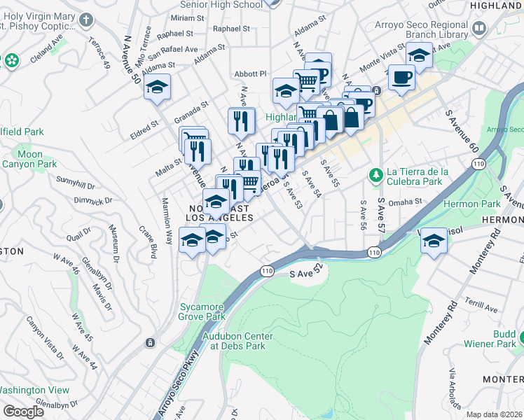 map of restaurants, bars, coffee shops, grocery stores, and more near 5100 North Figueroa Street in Los Angeles