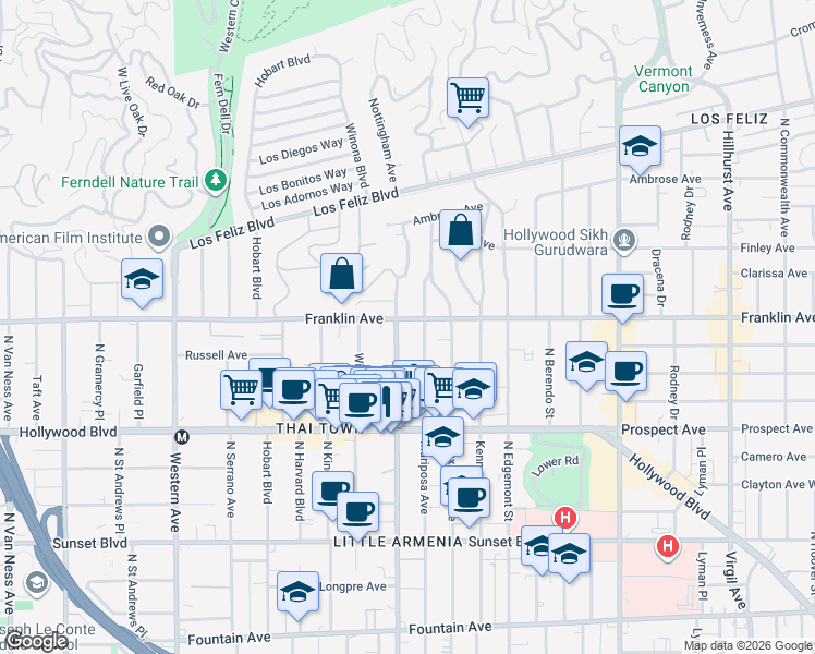 map of restaurants, bars, coffee shops, grocery stores, and more near 5068 Franklin Avenue in Los Angeles