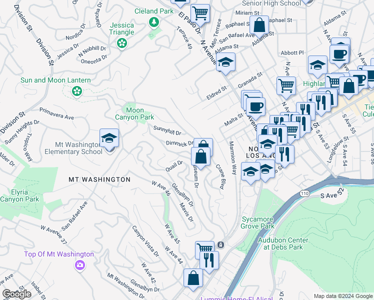 map of restaurants, bars, coffee shops, grocery stores, and more near 520 Rustic Drive in Los Angeles