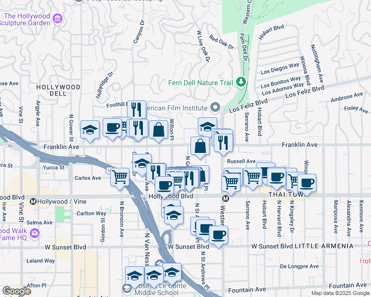 map of restaurants, bars, coffee shops, grocery stores, and more near 5648 Franklin Avenue in Los Angeles