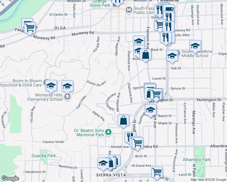 map of restaurants, bars, coffee shops, grocery stores, and more near 1712 Gillette Crescent in South Pasadena