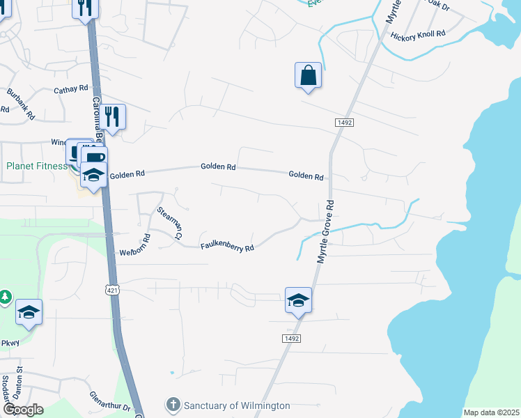 map of restaurants, bars, coffee shops, grocery stores, and more near 7007 Poplar Knoll Court in Wilmington