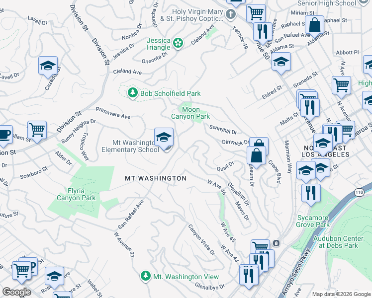 map of restaurants, bars, coffee shops, grocery stores, and more near 4976 Glenalbyn Drive in Los Angeles