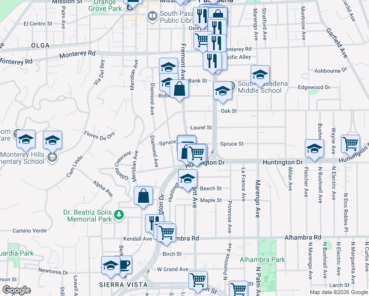 map of restaurants, bars, coffee shops, grocery stores, and more near in South Pasadena