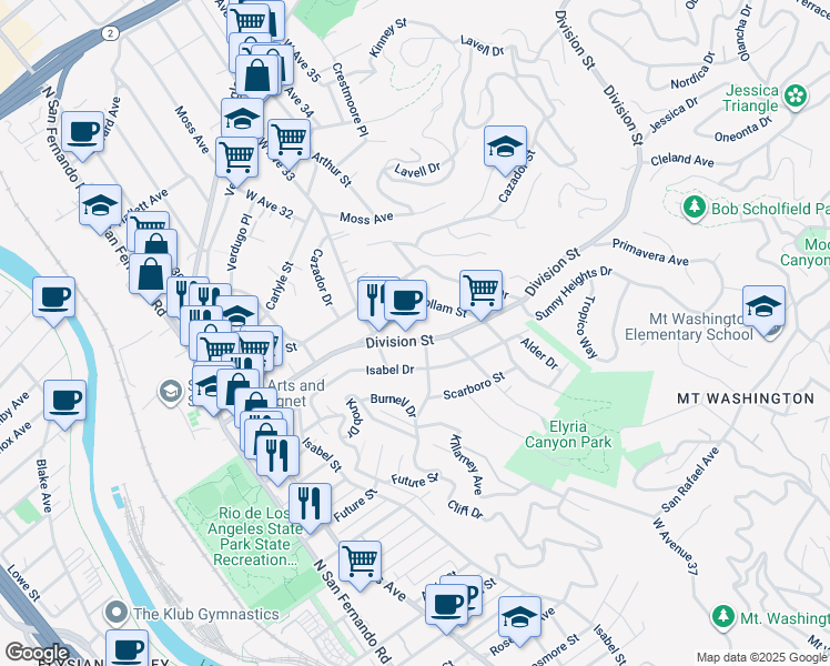 map of restaurants, bars, coffee shops, grocery stores, and more near 3341 Division Street in Los Angeles