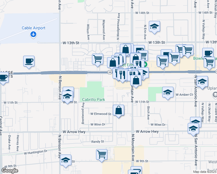 map of restaurants, bars, coffee shops, grocery stores, and more near 897 Silverwood Avenue in Upland
