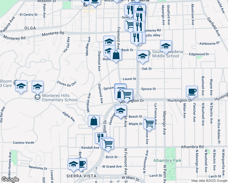 map of restaurants, bars, coffee shops, grocery stores, and more near 1810 Ramona Avenue in South Pasadena