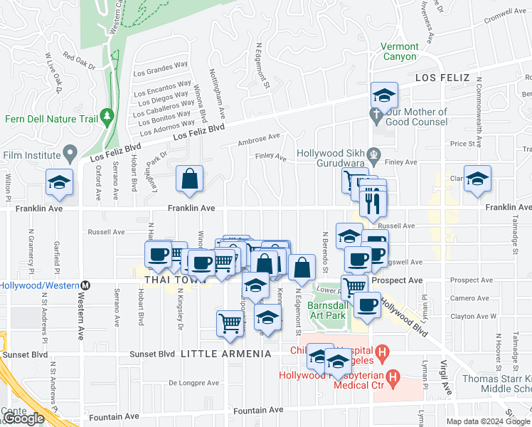 map of restaurants, bars, coffee shops, grocery stores, and more near 1890 North Alexandria Avenue in Los Angeles