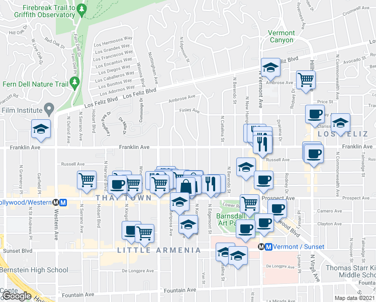 map of restaurants, bars, coffee shops, grocery stores, and more near 1868 North Alexandria Avenue in Los Angeles