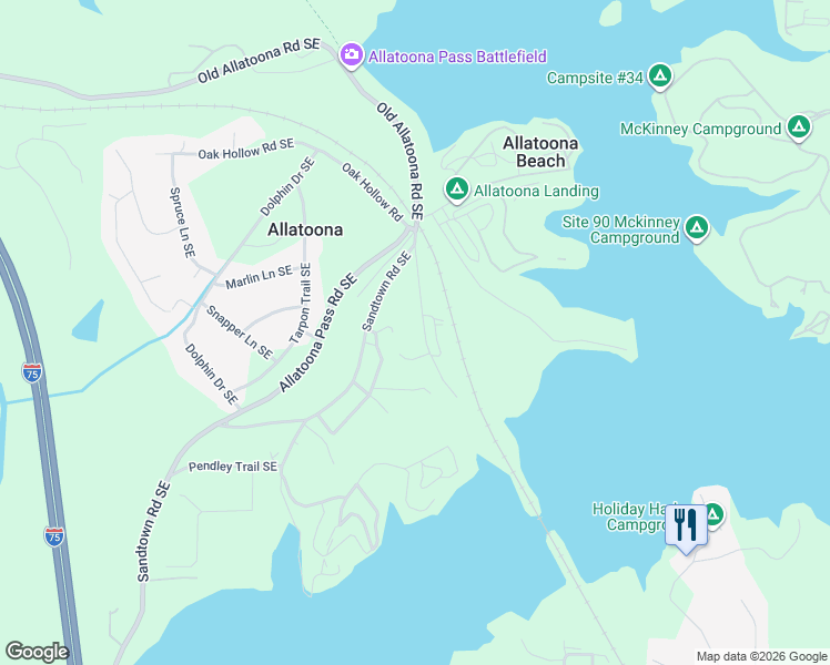 map of restaurants, bars, coffee shops, grocery stores, and more near 820 Old Allatoona Road Southeast in Cartersville
