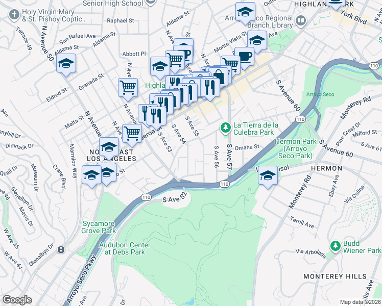 map of restaurants, bars, coffee shops, grocery stores, and more near 227 South Avenue 54 in Los Angeles
