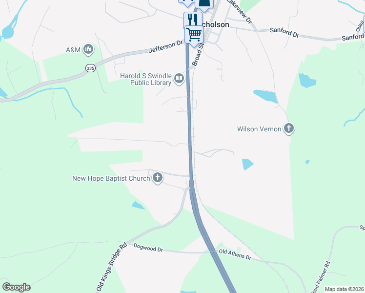 map of restaurants, bars, coffee shops, grocery stores, and more near 397 Pace Drive in Nicholson