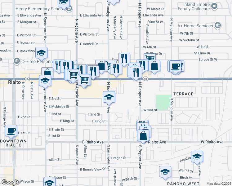 map of restaurants, bars, coffee shops, grocery stores, and more near 349 North Eucalyptus Avenue in Rialto