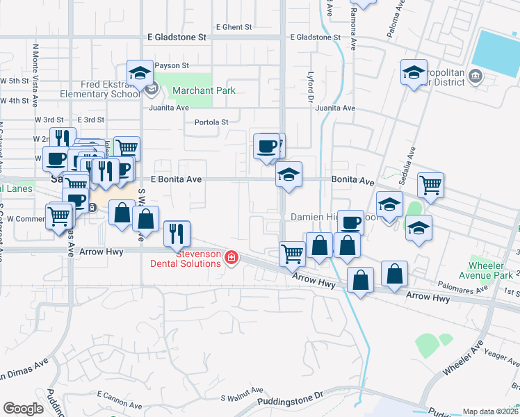 map of restaurants, bars, coffee shops, grocery stores, and more near 650 East Bonita Avenue in San Dimas