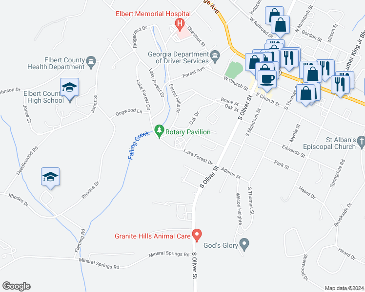 map of restaurants, bars, coffee shops, grocery stores, and more near 102 Cactus Hill Circle in Elberton