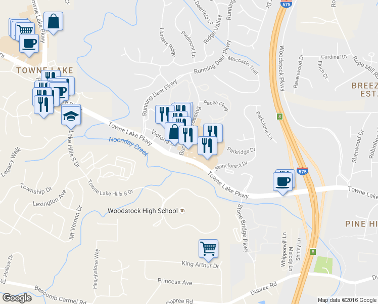 map of restaurants, bars, coffee shops, grocery stores, and more near 1460 Towne Lake Parkway in Woodstock