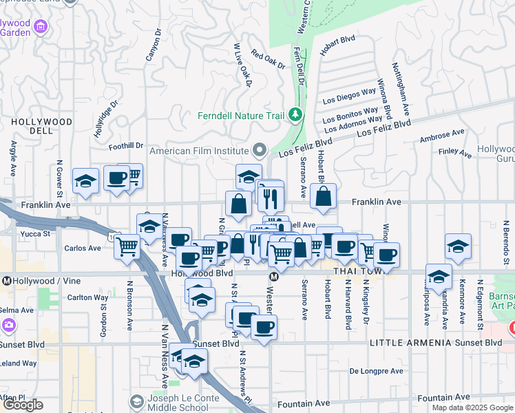 map of restaurants, bars, coffee shops, grocery stores, and more near 5520 Franklin Avenue in Los Angeles