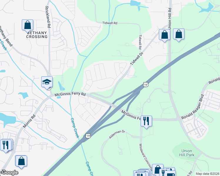 map of restaurants, bars, coffee shops, grocery stores, and more near 905 Wendlebury Court in Alpharetta