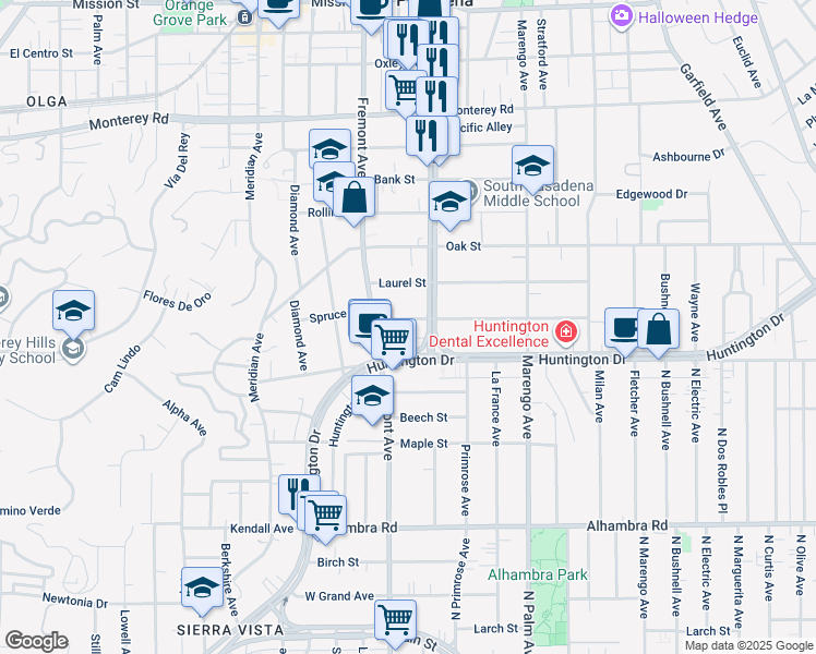map of restaurants, bars, coffee shops, grocery stores, and more near 1519 Spruce Street in South Pasadena