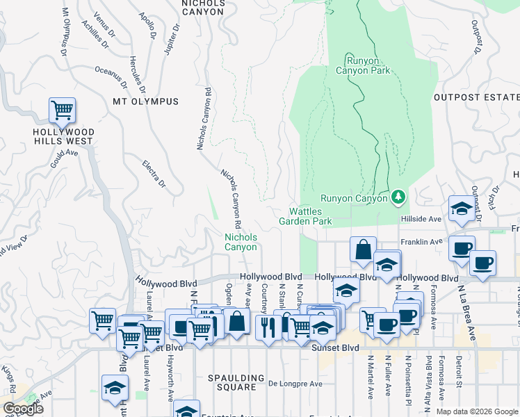 map of restaurants, bars, coffee shops, grocery stores, and more near 7661 Curson Terrace in Los Angeles