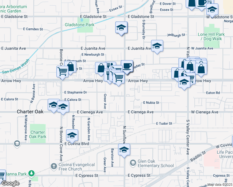 map of restaurants, bars, coffee shops, grocery stores, and more near in Covina