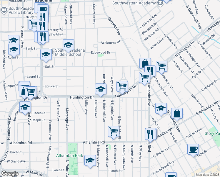 map of restaurants, bars, coffee shops, grocery stores, and more near 1813 Wayne Avenue in South Pasadena