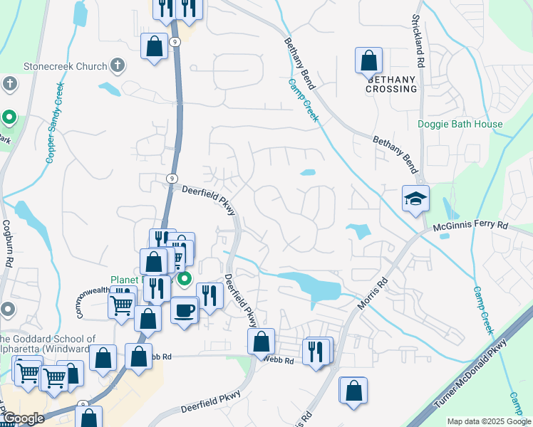 map of restaurants, bars, coffee shops, grocery stores, and more near 3791 Avensong Village Circle in Alpharetta