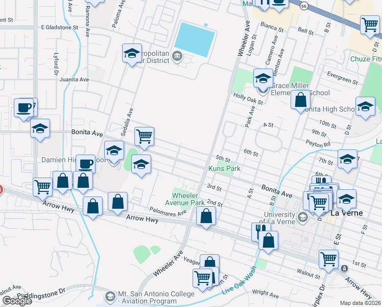 map of restaurants, bars, coffee shops, grocery stores, and more near 1408 5th Street in La Verne