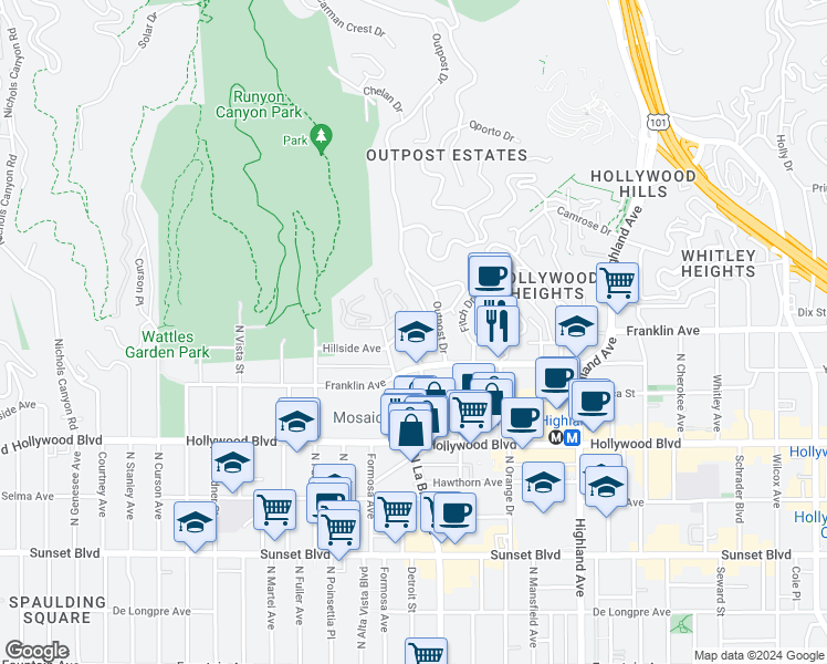 map of restaurants, bars, coffee shops, grocery stores, and more near 1882 El Cerrito Place in Los Angeles