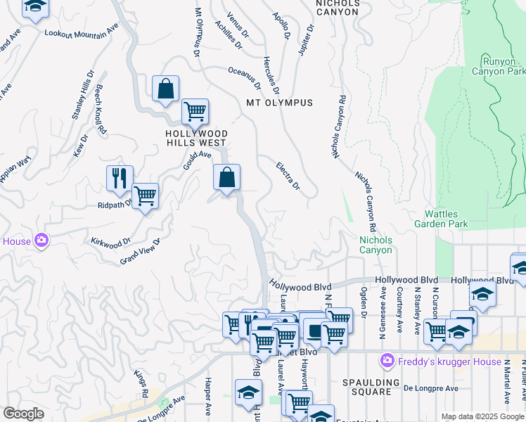 map of restaurants, bars, coffee shops, grocery stores, and more near 8040 Highland Trail in Los Angeles