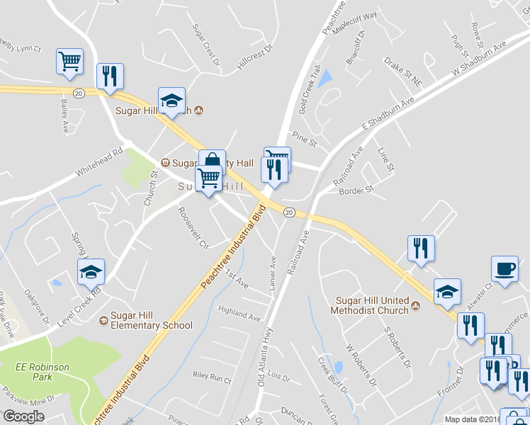 map of restaurants, bars, coffee shops, grocery stores, and more near 4866 2nd Avenue in Buford