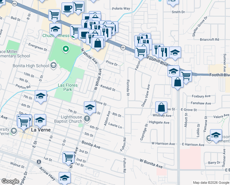 map of restaurants, bars, coffee shops, grocery stores, and more near 2702 Kendall Street in La Verne